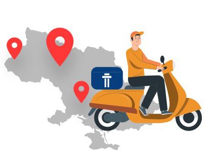 Illustration of a messenger on a motorcycle with a map of Ukraine in the background