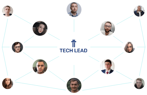 Simulation of the Tech Leaders team structure centered on the business logo